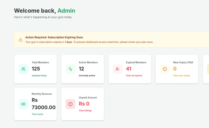 HamroGym dashboard showing member stats, revenue, and active subscriptions